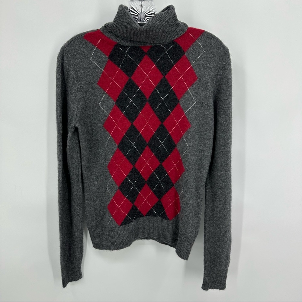 Apt. 9 100% Cashmere Argyle Turtleneck Sweater Gray Red Size M